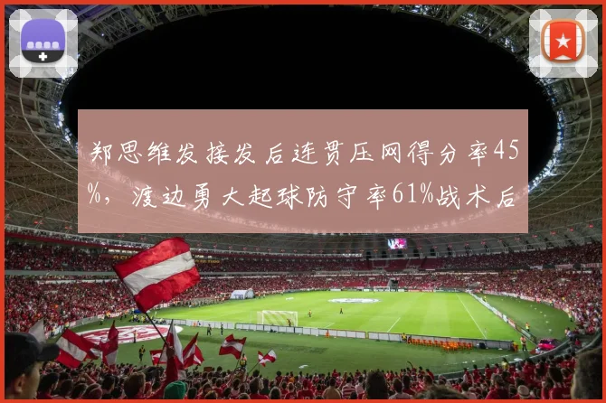 郑思维发接发后连贯压网得分率45%，渡边勇大起球防守率61%战术后仰